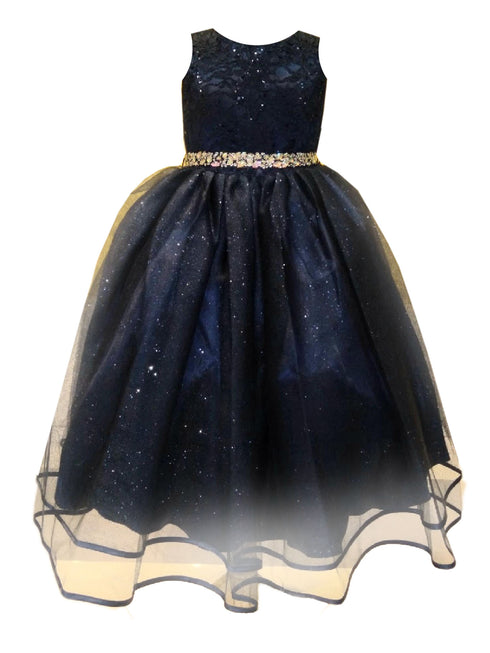 Little Girls Navy Lace Sequin Belt Glitter Tulle Flower Girl Dress 2-6 - SophiasStyle.com